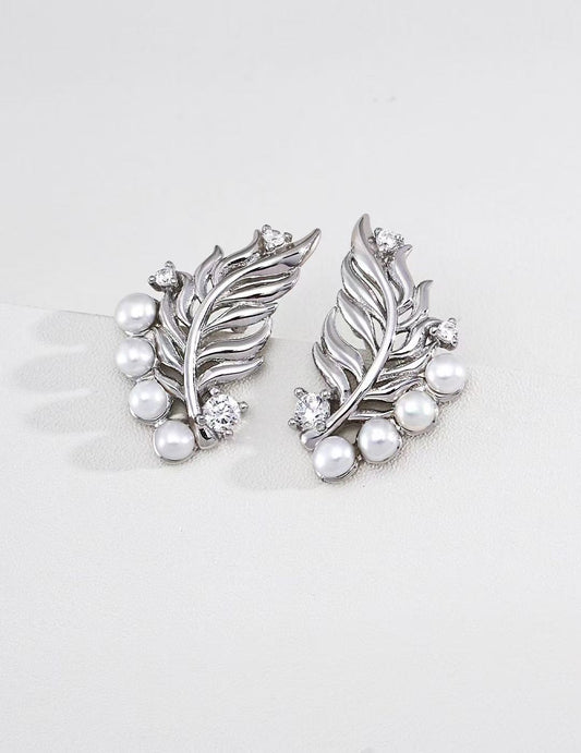Artisanal Feather Pearl & Zircon Statement Earrings