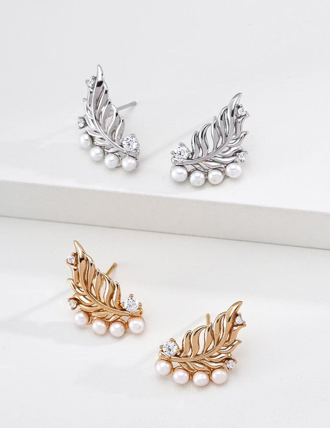 Artisanal Feather Pearl & Zircon Statement Earrings