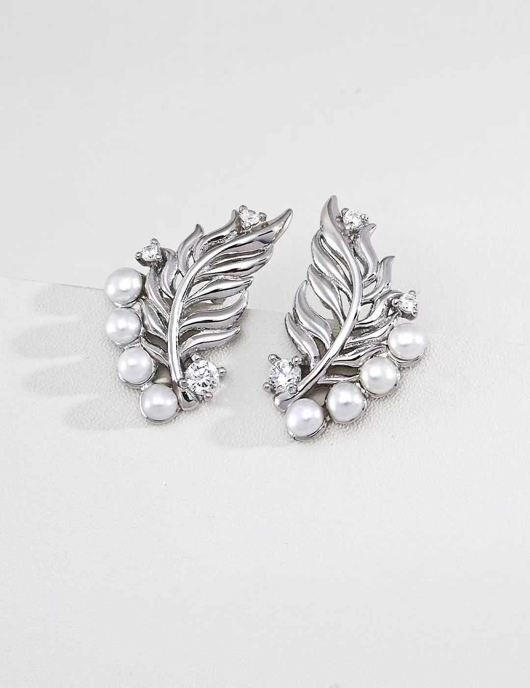 Artisanal Feather Pearl & Zircon Statement Earrings
