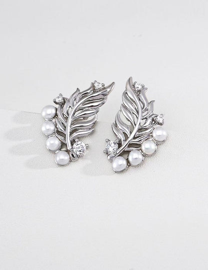 Artisanal Feather Pearl & Zircon Statement Earrings