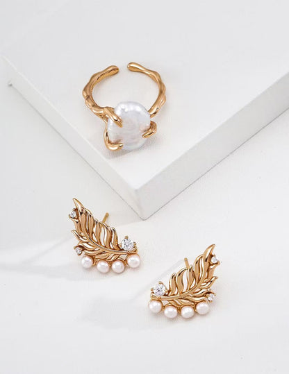 Artisanal Feather Pearl & Zircon Statement Earrings