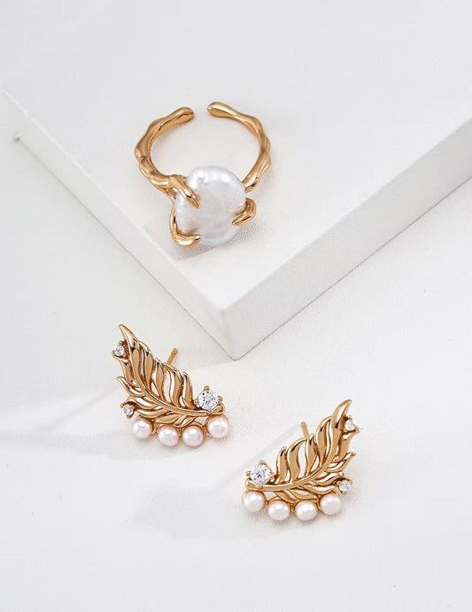 Artisanal Feather Pearl & Zircon Statement Earrings