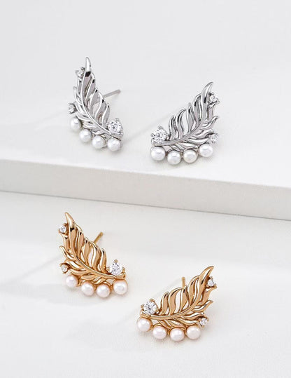 Artisanal Feather Pearl & Zircon Statement Earrings