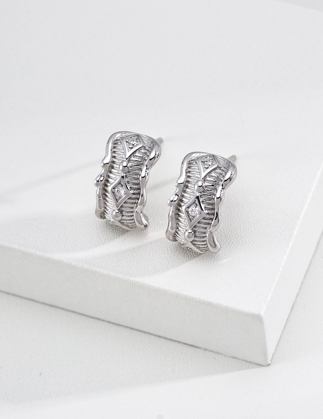 Vintage Sculpted Zircon Barrel Huggie Earrings