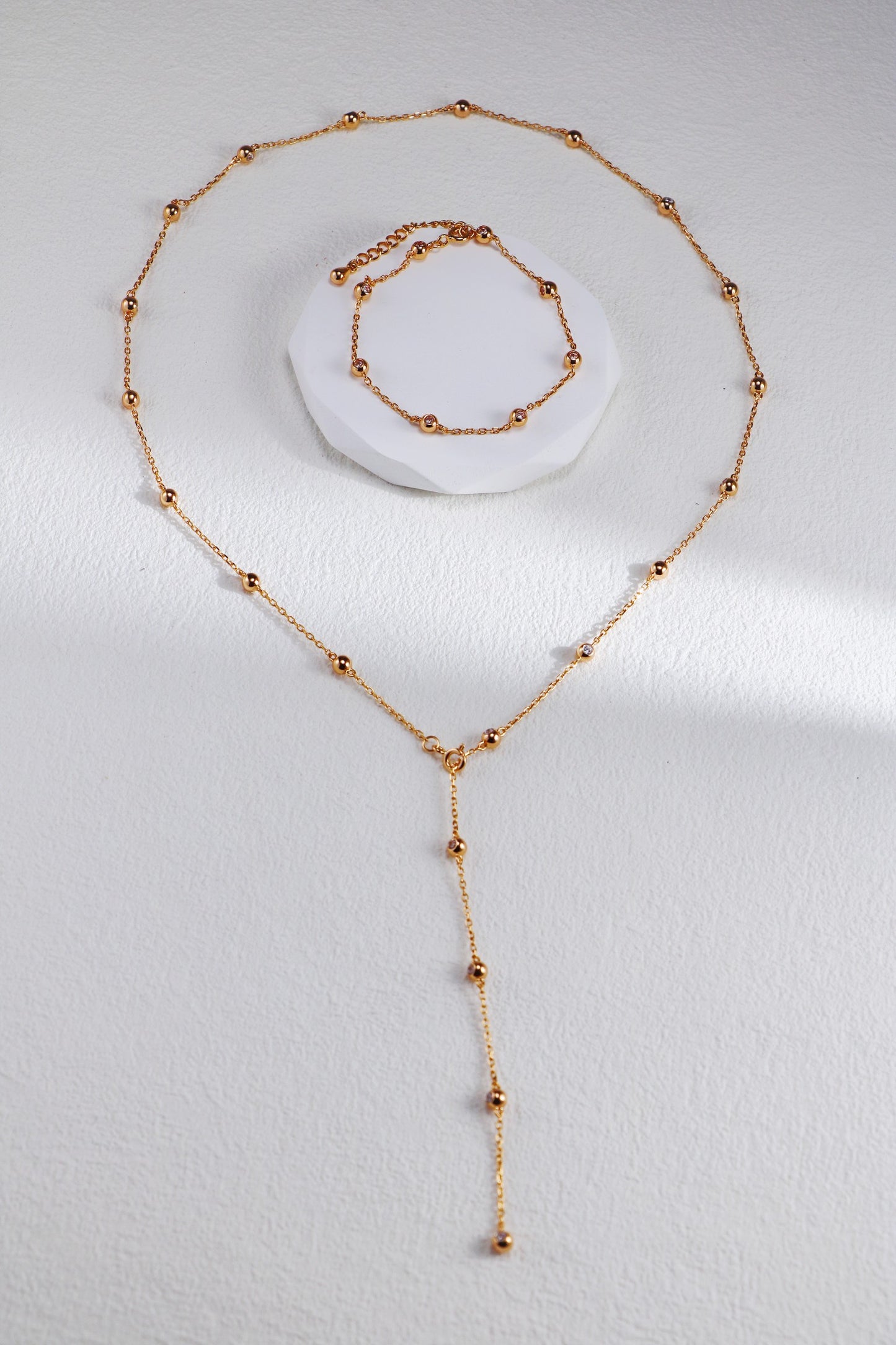 Celestial Beaded Zircon Y-Drop Necklace in 18K Gold over S925 Silver
